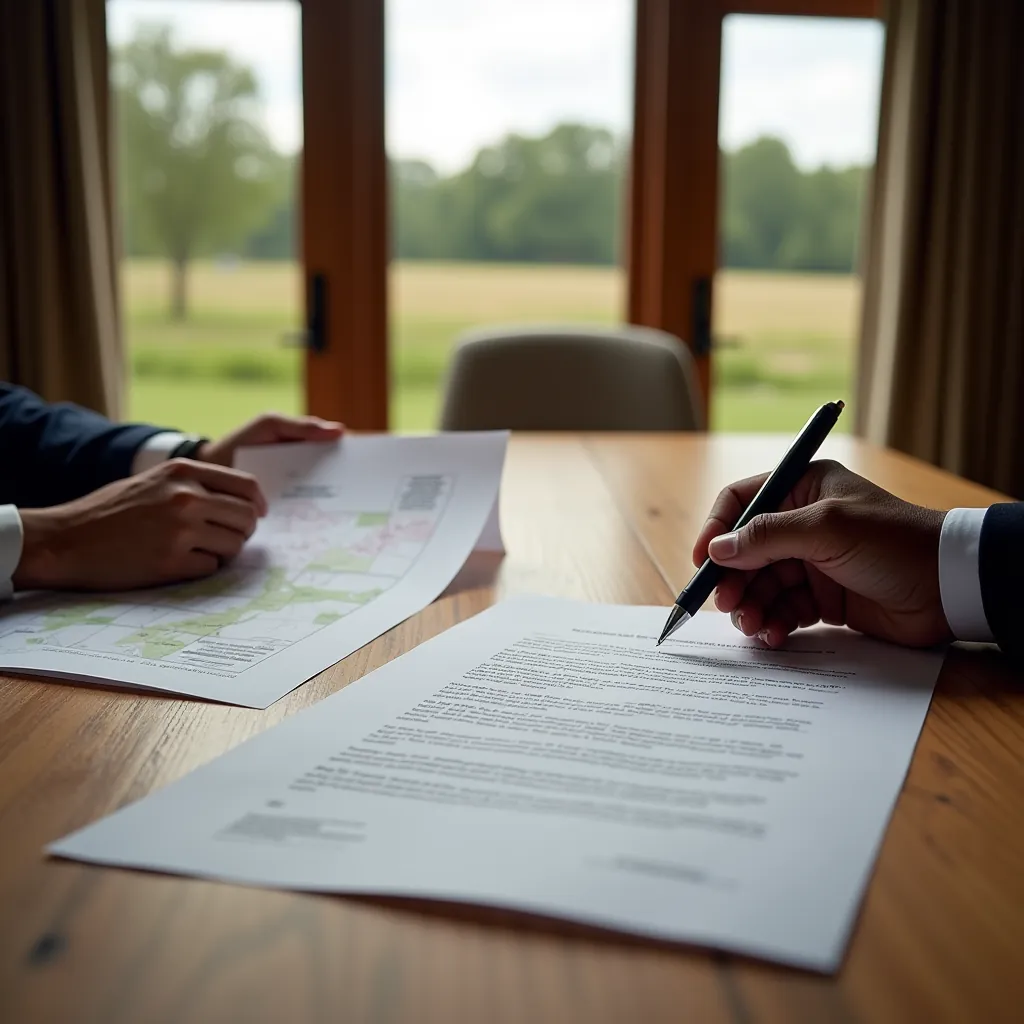 Two people completing a professional land transaction with signed documents and payment